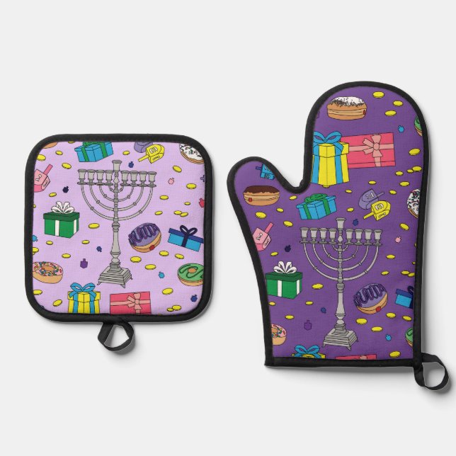 Purple Hanukkah Pattern Oven Mitt & Pot Holder Set (Front)