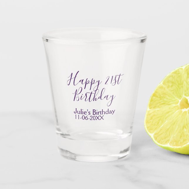 Purple happy 21st birthday name date Keychain Shot Glass (Front)
