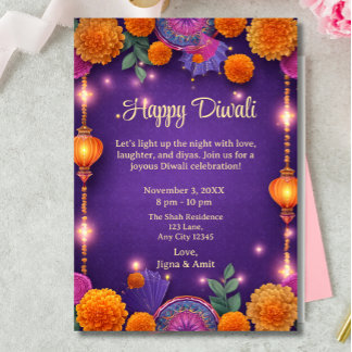 Purple Happy Diwali Holiday Lamps Light  Invitation