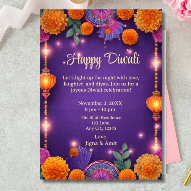 Purple Happy Diwali Holiday Lamps Light  Invitation (Creator Uploaded)