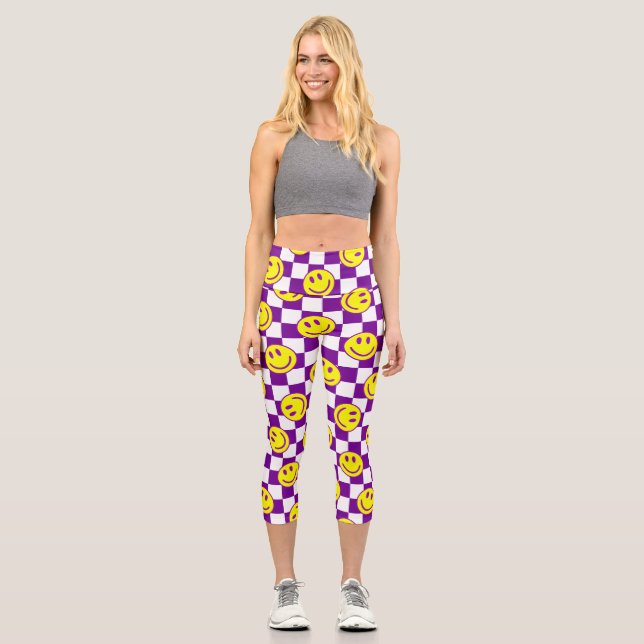purple happy face check groovy capri leggings (Front)