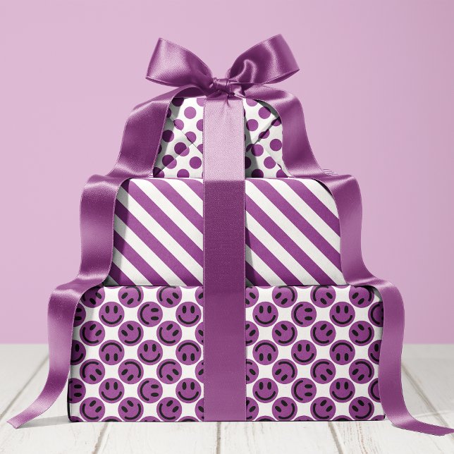 Purple Happy Face Stripes and Polka Dot Wrapping Paper Sheet (Creator Uploaded)