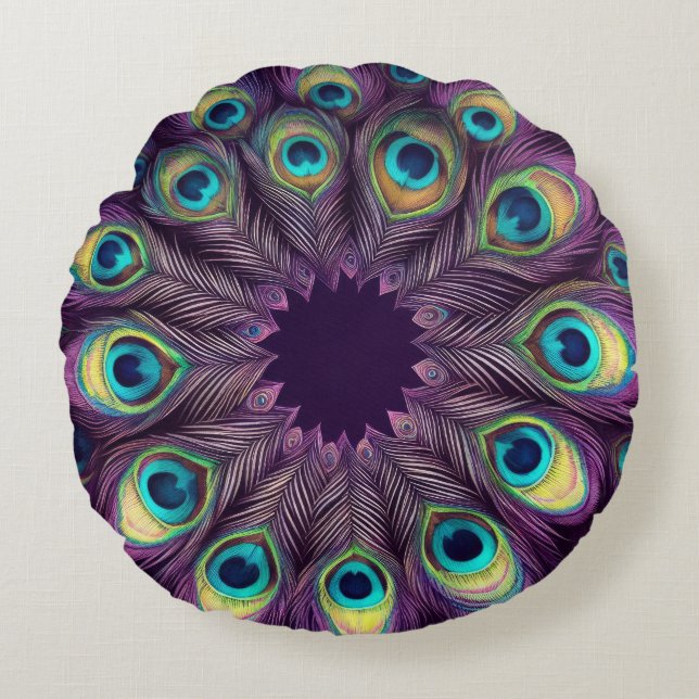 Purple Hard Pastels Drawing Peacock Feathers Round Cushion (Front)