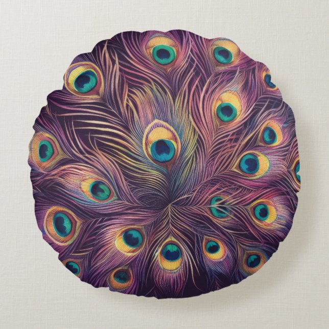 Purple Hard Pastels Drawing Peacock Feathers Round Cushion (Front)