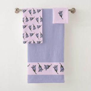 Purple harebell flower on pink bath towel set