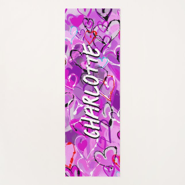 Purple Harmony: Graffiti Hearts Yoga Mat (Front)