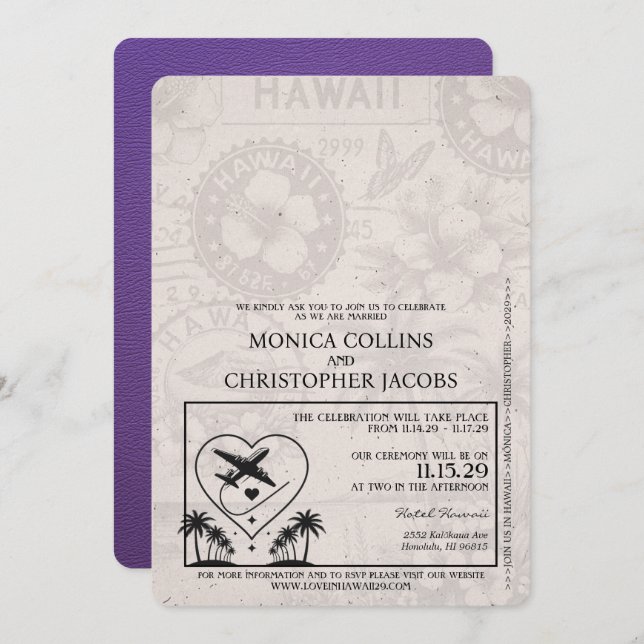 Purple Hawaii Passport Wedding Invitation (Front/Back)