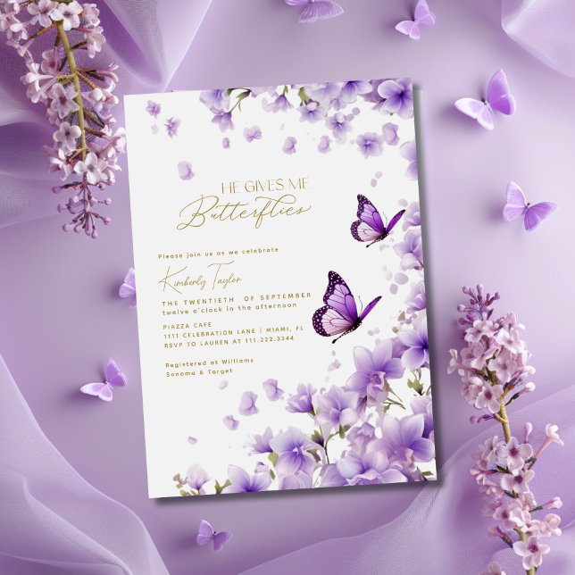 Purple He Gives Me Butterflies Bridal Shower Invitation (Creator Uploaded)