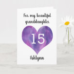 Purple Heart 15th Birthday for Granddaughter Card<br><div class="desc">A heart granddaughter 15th birthday card that features a watercolor heart on the front. You can personalize the heart with the age you need and add her name underneath the heart. The inside card message gets a heartfelt birthday message, which is also easily personalized if wanted. The back spreads happy...</div>