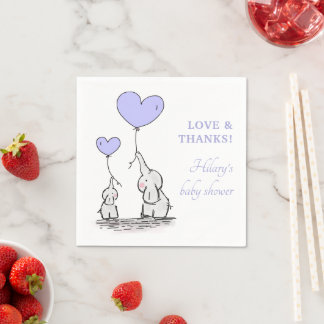 Purple Heart Balloons Girl Elephant Baby Shower Napkin