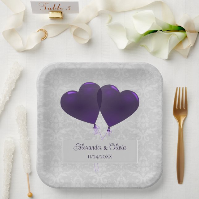 Purple Heart Balloons Wedding Shower Paper Plates (Wedding)