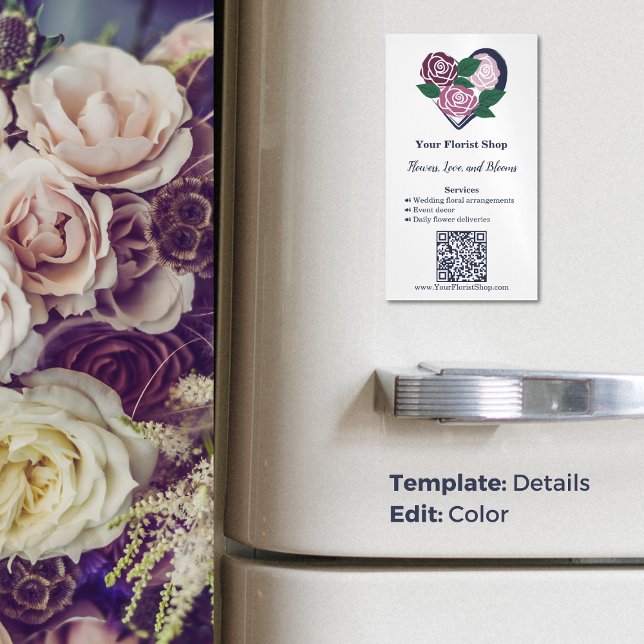 🌷Purple Heart Blooms Florist Business Card Magnet (🌷Purple Heart Blooms Florist Business Card Magnet, Florist Shop, Tagline, Services, QR code, www)