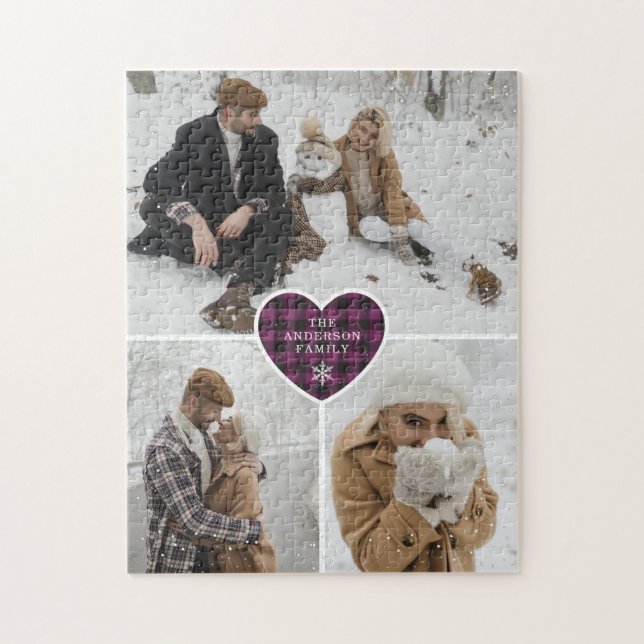 Purple Heart Family Name Photo Collage Christmas Jigsaw Puzzle (Vertical)