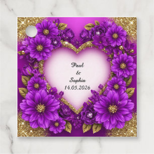 Purple Heart Frame with Glitter and Flowers Favour Tags