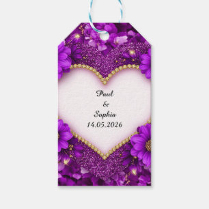 Purple Heart Frame with Glitter and Flowers Gift Tags