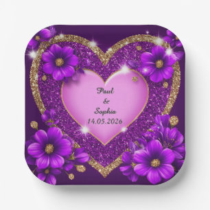 Purple Heart Frame with Glitter and Flowers Paper Plate