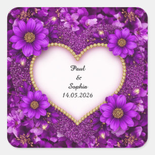 Purple Heart Frame with Glitter and Flowers Square Sticker
