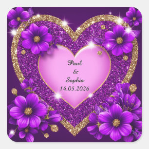 Purple Heart Frame with Glitter and Flowers Square Sticker