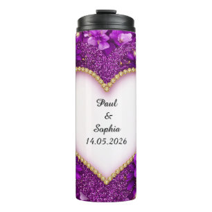 Purple Heart Frame with Glitter and Flowers Thermal Tumbler
