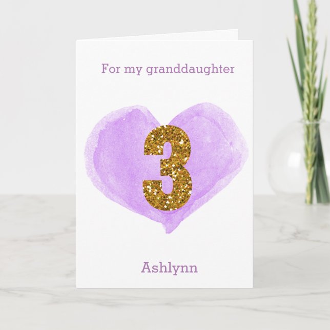 Purple Heart Gold Glitter 3rd Birthday Card (Front)