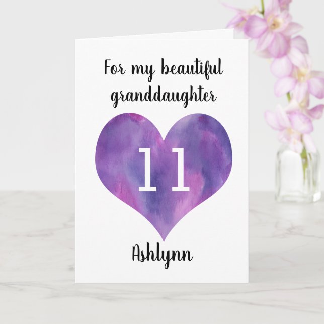 Purple Heart Happy 11th Birthday Granddaughter Card (Orchid)