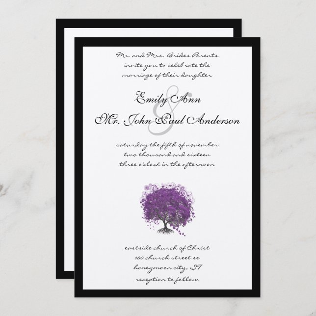 Purple Heart Leaf Tree Black Border Wedding Invite (Front/Back)