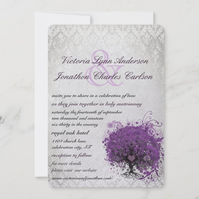 Purple Heart Leaf Tree Wedding Invitations (Back)