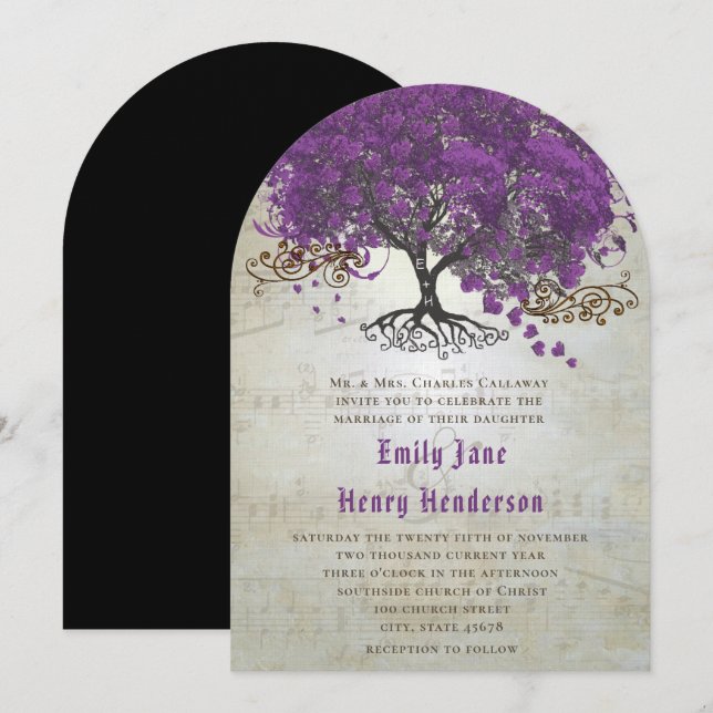 Purple Heart Leaf Tree Wedding Invites (Front/Back)