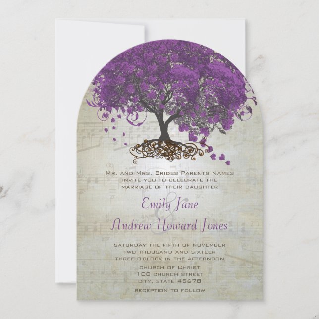 Purple Heart Leaf Tree Wedding Invites (Front)