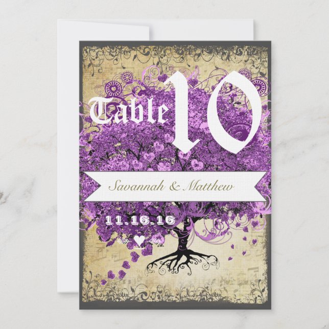 Purple Heart Leaf Tree Wedding Table Number (Front)