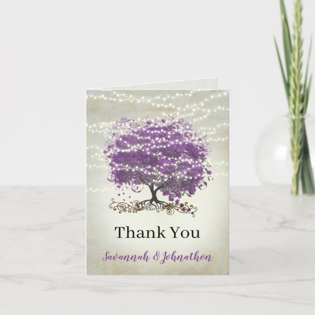 Purple Heart Leaf Tree Wedding Thank You Card (Front)