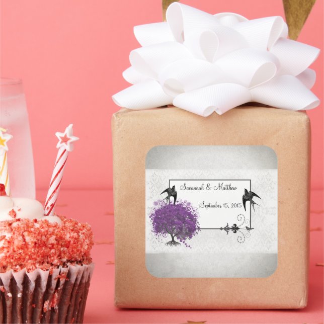 Purple Heart Leaf Tree Weddings Square Sticker (Party)