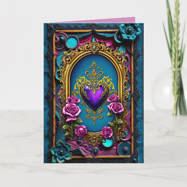 Purple Heart Pink Roses Note Card (Front)