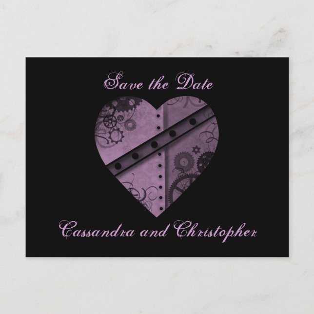 Purple heart save the date wedding announcement postcard (Front)