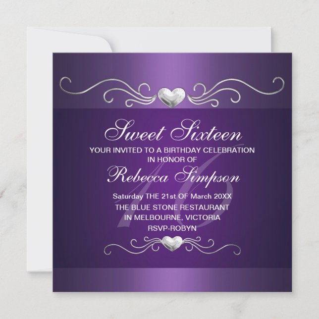 Purple Heart Sweet Sixteen Birthday Invitation (Front)