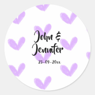 Purple heart watercolor valentine's couple name da classic round sticker