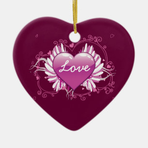 Purple heart wings swirls Love Valentine's Day Ceramic Tree Decoration