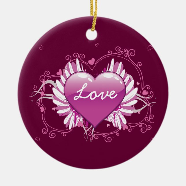 Purple heart wings swirls Love Valentine's Day Ceramic Tree Decoration (Front)