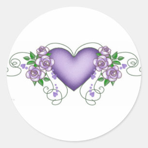 purple heart with roses & vines classic round sticker