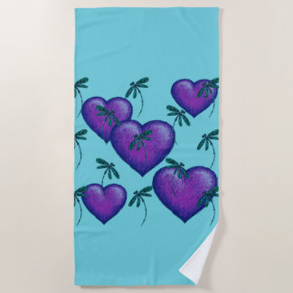 Purple Hearts and Dragonflies Beach Towel