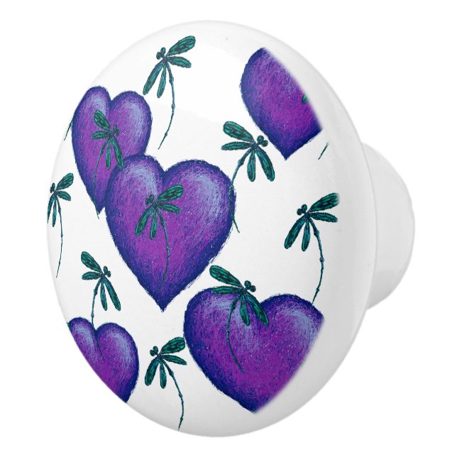 Purple Hearts and Dragonflies Ceramic Knob (Right)