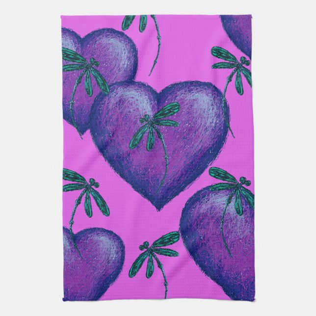 Purple Hearts and Dragonflies Tea Towel (Vertical)