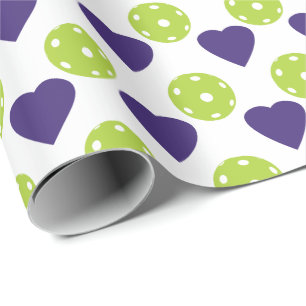 Purple hearts and green pickleballs wrapping paper