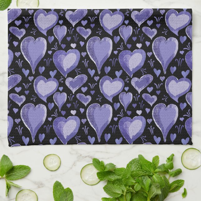 Purple Hearts Artistic Drawing Valentine`s Day Tea Towel (Folded)