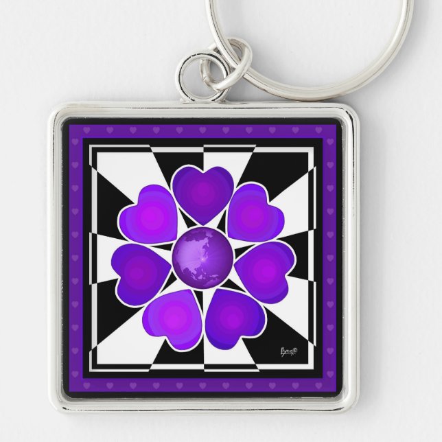 Purple hearts beating B&W Keychain (Front)