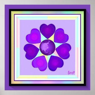 Purple hearts beating neon poster