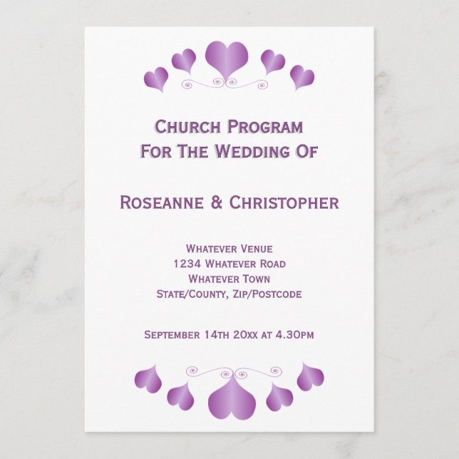 Purple Hearts Design Wedding Programme (Front)