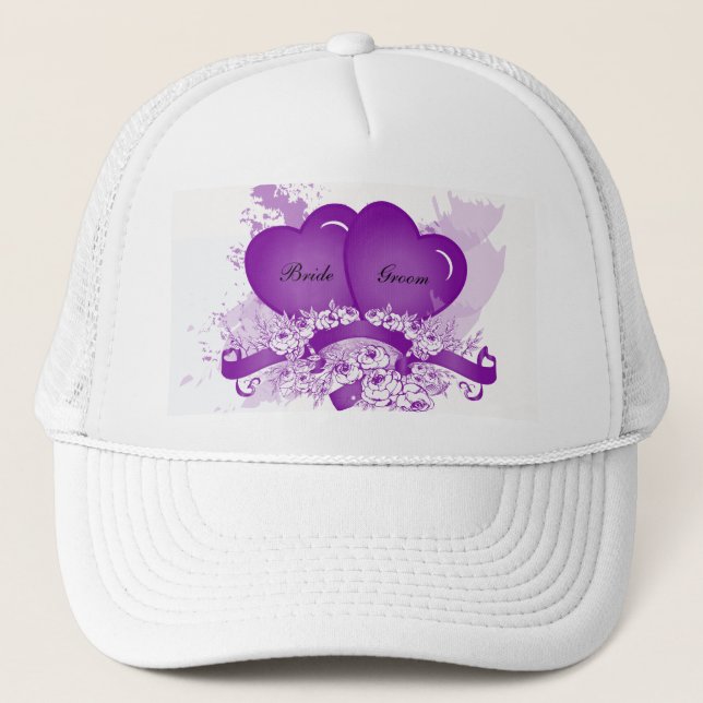 Purple Hearts & Flowers Personalised Bride's Hat (Front)