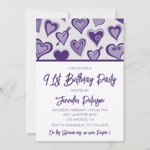 Purple Hearts Girly 91st birthday Invitation