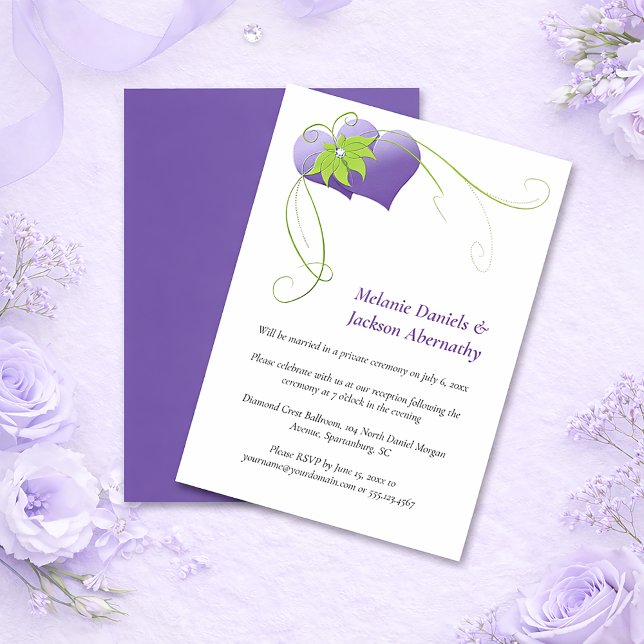 Purple Hearts - Green Floral Swirls Reception Only Invitation (Creator Uploaded)